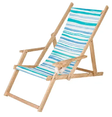 Produktbild von Holz Klappliegestuhl mit Armlehne und Getränkehalter, Blau-Weiß Streifen Motiv, klappbar