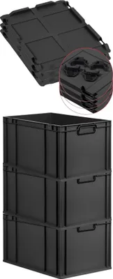Produktbild von SuperSparSet 3x Eurobox NextGen Color mit Auflagedeckel und Schiebeschnappverschlüsse | HxBxT 32x40x60cm | 65 Liter | Schwarz | Griffe schwarz geschlossen | Verstärkter Boden | Eurobehälter, Transportbox, Transportbehälter, Stapelbehälter