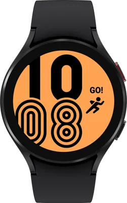 A close-up shot of a black Samsung Galaxy Watch 4 with an orange watch face displaying the time and a running icon.