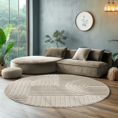 Hochflor Rund Teppich Wohnzimmer Küchenteppich Schlafzimmer Flur Skandi Boho Teppich 3D Design Flauschig Weich , Größe : 200 cm Rund , Farbe : Beige