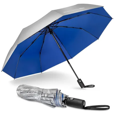 Immagine prodotto di NINEMAX: Ombrello UV automatico, resistente al vento, pieghevole, robusto, ideale per viaggi, per donne e uomini (argento, blu)