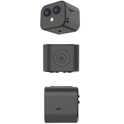 Three views of a small black square camera.