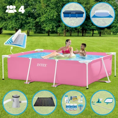 Produktbild von Intex-Schwimmbecken mit rechteckigem Rahmen – 220 x 150 x 60 cm – Rosa – im Lieferumfang enthalten Abdeckung - Bodenplane - Filterpumpe für Schwimmbad - Solarmatte - Wartungspaket - Reinigungskit