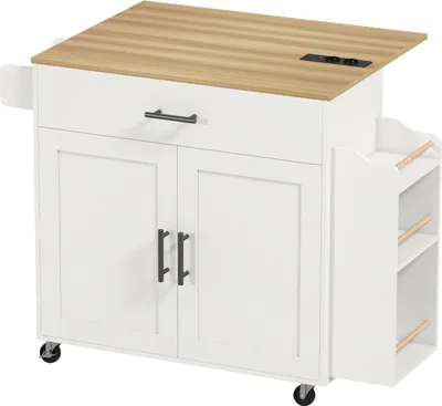 Zdjęcie produktu dla Wózek kuchenny na wyspę, na kółkach, z opuszczanym blatem, z szufladą, 120x68x85 cm, biały