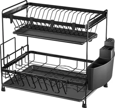 Produktbild von Geschirrabtropfgestell - 2-Etagen Abtropfständer - Mit Haken - Becherhalter - Schneidebretthalter - Besteckkorb - Eisen - Schwarz