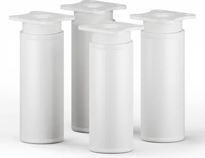 Four white cylindrical furniture legs with square mounting plates are arranged in a group against a white background.