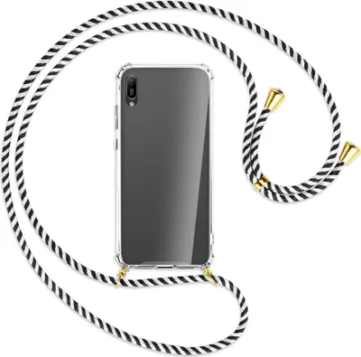 Produktbild von Handykette Backcover-Schutzhülle mit Band (Metall goldfarben) für Huawei Y6 2019 - schwarz/weiß gestreift
