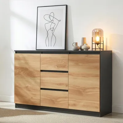 Immagine prodotto di Credenza "Kyr" con 2 ante e 3 cassetti 120 x 35 x 75 cm Nero/effetto rovere rustico