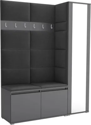 Obrázek produktu pro Sada do předsíně Noris VII se zrcadlem, čalouněná věšáková skříň 145 cm, nábytek do předsíně s nástěnnými panely, botníky a úložným prostorem (barva: antracit + Trinity 15)