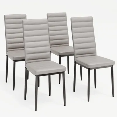 Four gray dining chairs with ribbed backs and black legs are arranged on a white background.
