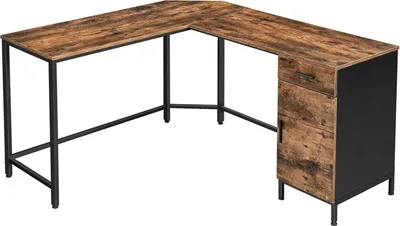 An L-shaped desk with a built-in cabinet and drawer, shown against a white background.