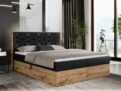 Produktbild von Boxspringbett 180x200 mit Bettkasten, Polsterbett 180x200 mit Matratze H4, Boxspringbett 180x200 mit Kopfteil, Boxspringbett mit Massivholz - Nessi - Schwarz Kunstleder - H4