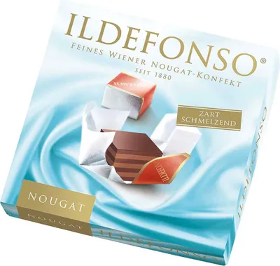 A box of Ildefonso Nougat-Konfekt chocolates with a blue, wavy background.