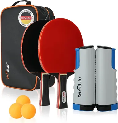Zdjęcie produktu dla Zestaw rakietek do tenisa stołowego DH FitLife dla 2 graczy, z rozkładaną, przenośną siatką do tenisa stołowego, 3 piłeczkami do tenisa stołowego, 2 rakietkami, z torbą do przechowywania, na każdy stół, zestaw do tenisa stołowego z siatką