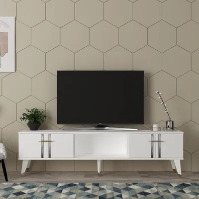Produktbild von Skye Decor, Asel - White, Silver, Fernsehtisch, Weiß, 100 % MELAMINBESCHICHTETE SPANPLATTEN, 150 x 29,6 x 44,6 cm