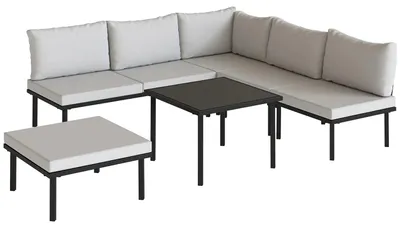 Immagine prodotto di Set 6 Pezzi Mobili da Giardino Divano Angolare Poltrone con Cuscini e Tavolino in Metallo Grigio Chiaro