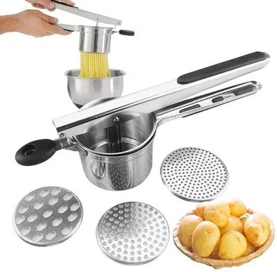 Productafbeelding van Unyqoos® roestvrijstalen aardappelpers met 3 verwisselbare platen en siliconen handgrepen – keukenpers voor aardappelpuree, groenten, spaetzle en babyvoeding