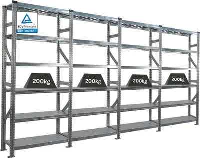 Produktbild von Fachbodenregal PROXIMO mit  Stecksystem | Komplettregal | HxBxT 210x360x32cm | 6 Ebenen | Beidseitig nutzbar | Verzinkt