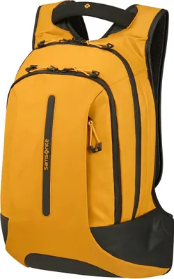 A yellow Samsonite backpack is shown from the front.