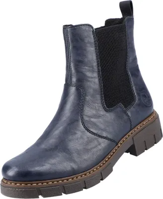 A single blue Chelsea boot is shown against a white background.