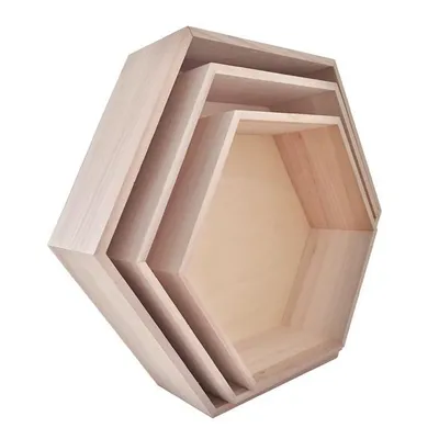 Three nested hexagonal wooden shelves are displayed against a white background.