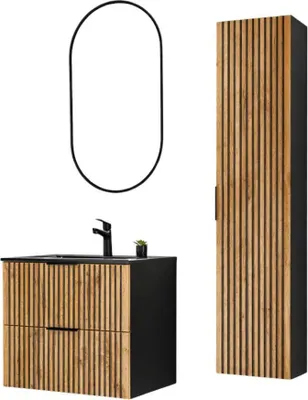 Produktbild von Set KINOKO: Waschtischunterschrank 60cm + schwarzes Einbauwaschbecken + LED-Spiegel + Aufbewahrungssäule