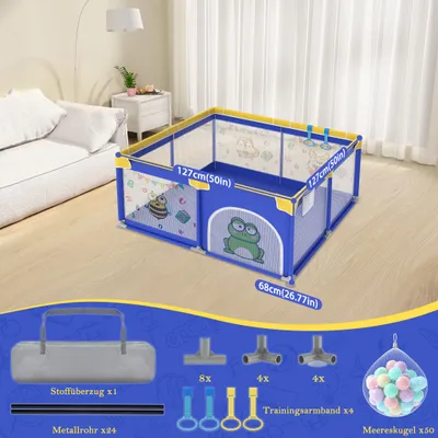 Produktbild von UISEBRT Baby Laufgitter 127 x 127 cm, Rutschfester Laufstall mit Tragbarem Spielzelt, Sicherheitsbarriere und Schutzgitter für Kleinkinder, Blau mit Tiermotiven