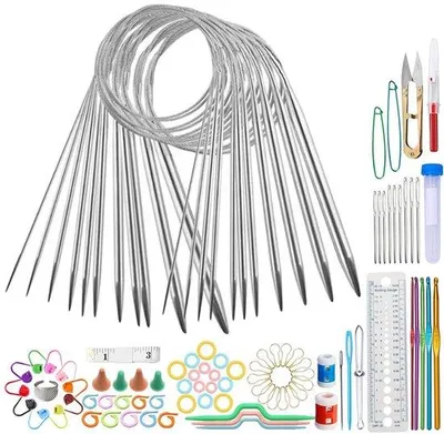 Image de Ensemble d'aiguilles à tricoter Famanu, 80 cm - 11 pièces - Acier inoxydable - Avec crochets et accessoires de tricot