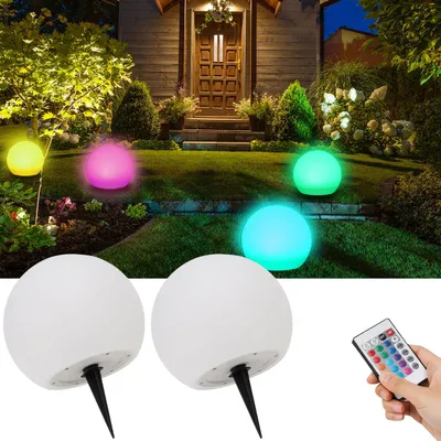 Produktbild von 2er-Set Solar-LED-Leuchtkugel, Ø 30cm, RGBW mit Fernbedienung, 60 Lu, IP67. Farbwechsel-Lichtkugel für Garten & Terrasse, wetterfest & kabellos