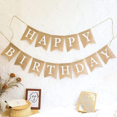 Produktbild von Leinen Wimpel Girlande "Happy Birthday" Weiß 1,4m / 2,5m
