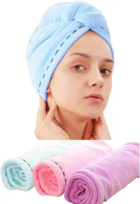 Produktbild von Famanu Set von 3 schnelltrocknenden Mikrofaser-Haarhandtüchern, Turban mit Knoten, superabsorbierend und leicht – Rosa/Lila/Grau