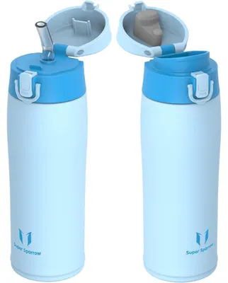 Produktbild von Trinkflasche Edelstahl Thermobecher 500 ml Hellblau BPA-Frei Auslaufsicher mit 2 Deckeln