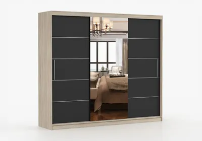 Produktbild von Schwebetürenschrank ABLA II 250 cm Sonoma Eiche Schwarz mit Spiegel, Kleiderschrank Schlafzimmerschrank, Garderobenschrank Schrank mit Schiebetüren