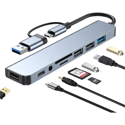 Produktbild von USB C Hub 8 in 1 Adapter – USB 3.0 Multiport, SD/TF Kartenleser, Audio, USB-C