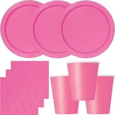 Produktbild von Party Deko Set pink Einweggeschirr für 16 Personen Teller, Becher, Servietten Hochzeit Geburtstag