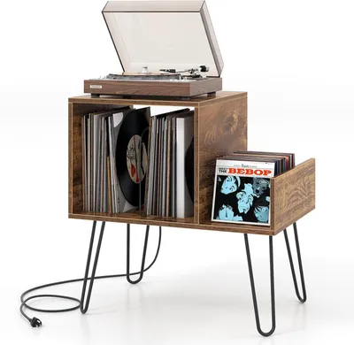 Zdjęcie produktu dla KOMFOTTEU stojak na gramofon ze stacją ładującą, stojak na płyty z przegródkami i boczną półką, stojak na płyty z półką prezentacyjną (brązowy)
