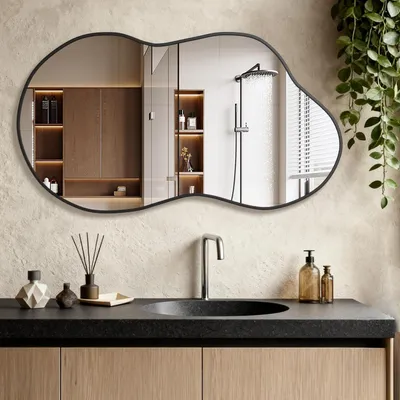 Image de Miroir mural de forme irrégulière et asymétrique, en forme de nuage, dimensions 67 x 115 cm, cadre en aluminium argenté, qualité HD, résistant aux chocs