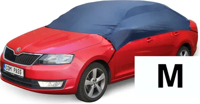 A red car covered with a blue car cover, with a white square in the corner showing the letter 'M'.