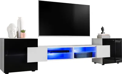 Obrázek produktu pro Extreme Furniture Bridge Tv Skříňka | Skříňka Do Obývacího Pokoje Se 2 Skleněnými Policemi A 2 Dvířky Bílý Korpus A Černá Čela