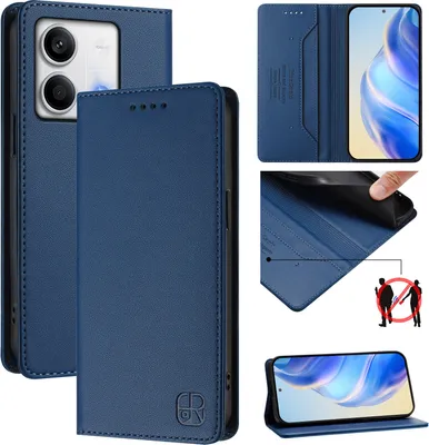 Produktbild von Lederhülle für Xiaomi Redmi Note 13 5G Hülle Flip Brieftasche Kartenfächern Ständer Schutzhülle Blau