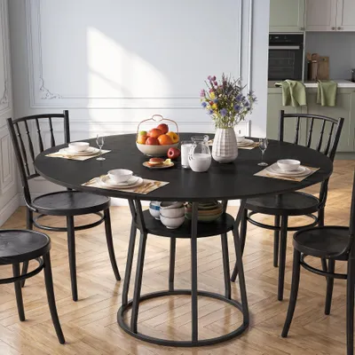 Image de Table ronde INONEFT pour 4 à 6 personnes, table de salle à manger moderne avec pieds en métal et espace de rangement, table de cuisine ronde de 120 cm, idéale pour la cuisine ou le salon, couleur noire