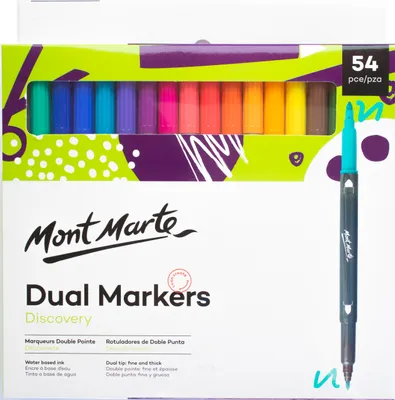 Produktbild von Mont Marte Marker Dual Tip Marker mit 54 Farben, Doppelspitzen für Zeichnen, Ideal auch zum Skizzieren, Kolorieren, Handlettering, Kalligrafieren