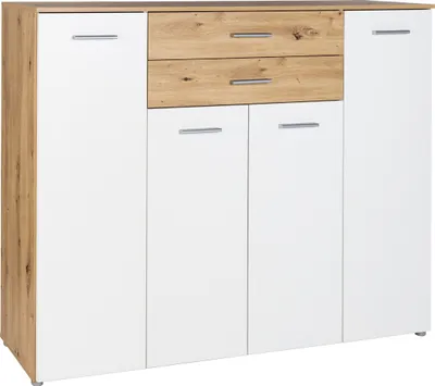 Produktbild von Moderne Kommode 4 Türen 9 Fächern 2 Schubkästen Sideboard Lowboard Weiß / Holz