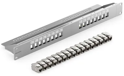 Produktbild von deleyCON 16 Port CAT7 Patchpanel Set 19 Zoll 1 HE 10 Gbit/s - Grau
