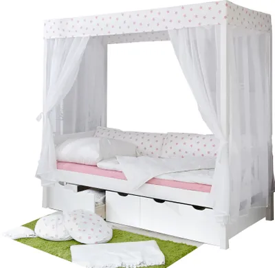 Produktbild von Himmelbett Maria Massivholz Kiefer inkl.Tüll-Set Weiß Rosa
