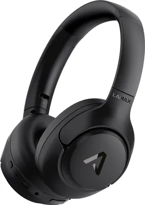 A black pair of LAMAX headphones is shown against a white background.