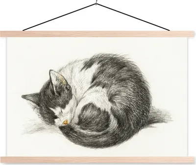 Produktbild von MuchoWow® Textilposter Schlafende Katze zusammengerollt - Gemälde von Jean Bernard 120x80 cm mit holzfarbenen Rahmen - Aufhängeset