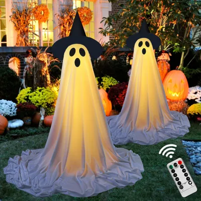 Produktbild von 2er-Pack Halloween-Dekorationen, DIY-Geister-Set mit Hexenhut, Lichterkette mit Fernbedienung, gruseliges Geister-Dekor für Veranda, Hof, Garten, 2