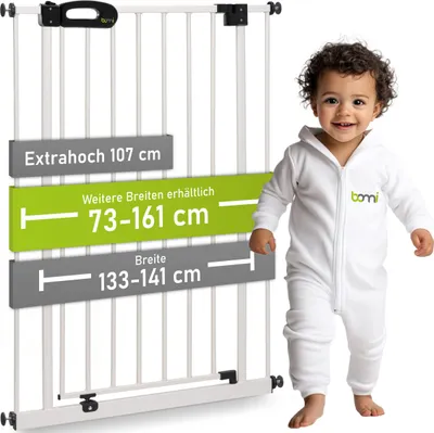 Produktbild von BOMI® Türschutzgitter Extrahoch 73-161 cm | Ohne Bohren | 90° Feststellfunktion | Schließt automatisch | Treppenschutzgitter