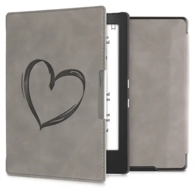 Produktbild von kwmobile Schutzhülle für Kobo Aura H2O Edition 1 Hülle - eReader Case aus Kunstleder mit Auto Sleep Funktion - Herz Brush mit Grau